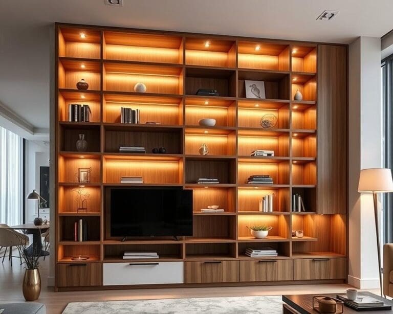 Freistehende Raumteiler mit Regalfächern und Licht