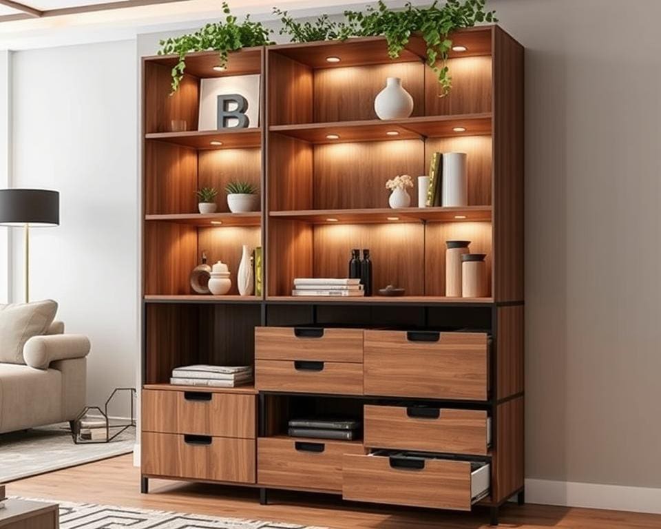 Multifunktionale Raumteiler mit Schubladenfunktion